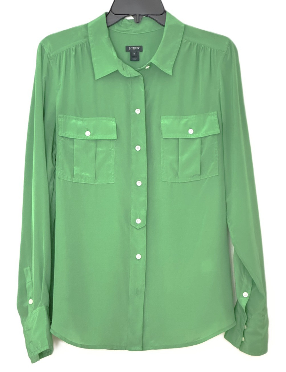 J.Crew Blythe 100% Silk Button Up Blouse Top Green Size M